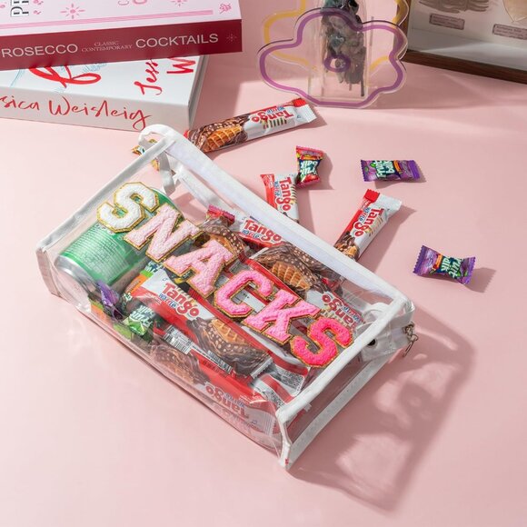 Large Clear SNACKS Pouch - Preppy Patch Rose Red Chenille Varsity Letter PVC Tra - Picture 2 of 6